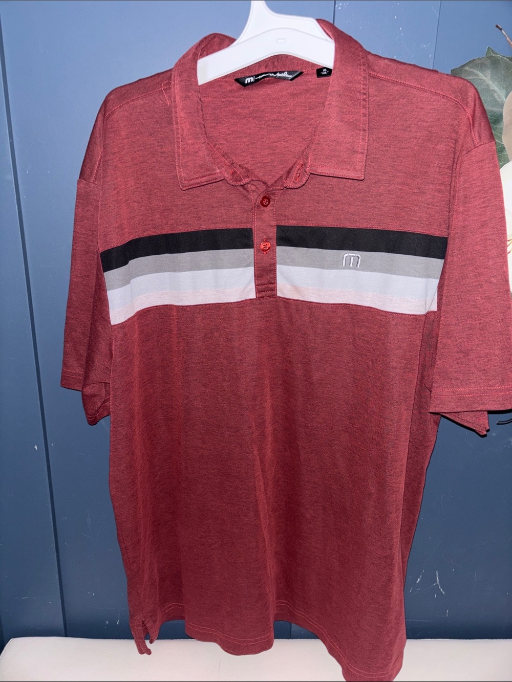 Travis Mathew Heather Marsala Polo with Black & Gray Stripes‎